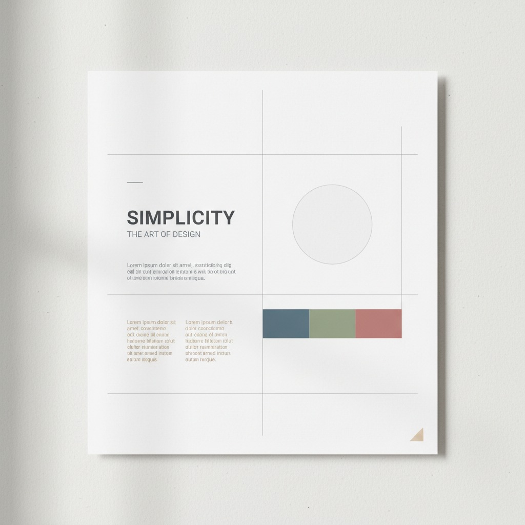 Minimalistyczna karta w kolorze złamanej bieli prezentuje siatkę projektową z napisem "SIMPLICITY" oraz trzema kolorowymi kwadratami w odcieniach szaro-niebieskiego, oliwkowego i różowego.